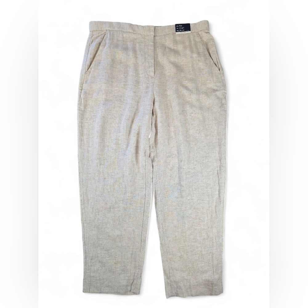 Abercrombie & Fitch Curve Love High Rise Straight Linen Pants 32 Short Beige NWT